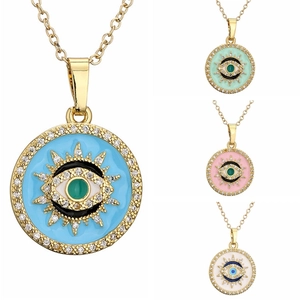 Collier Pendentif Mauvais Oeil Cuivre Plaqué Or Émail Zircon Rond Bijoux De Protection Pour Femmes