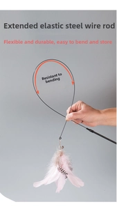 Detail showing the flexible pink feather cat toy wand with durable elastic steel wire
