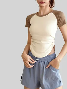 Women Contrast Color Ruched Yoga Top Slim Fit Quick Dry Short Sleeve Raglan Sleeve Sports Fitness T-Shirt Curved Hem Top