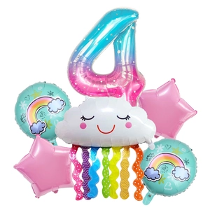 Pastel gradient number 4 balloon set with smiling cloud and colorful hanging tassels