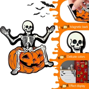 Detail of Halloween gnome skeleton magnetic stickers with back view and color close-up