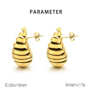 Detail view of gold spiral earrings with technical specs 30x15mm and 17g weight