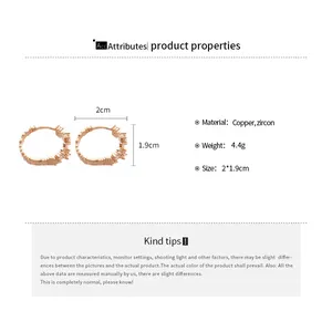 Detailed size chart for vintage copper zircon earrings showing 2cm width and 1.9cm height