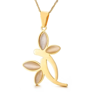Golden flower pendant necklace with white opal stones on minimalist branch design