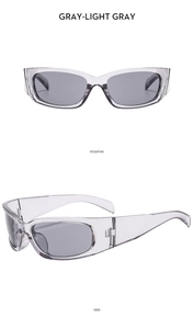 Front and side views of Y2K sport sunglasses with translucent grey frames and lenses