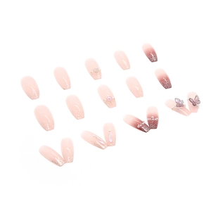 Pink gradient press-on nails with 3D butterflies, pearls, and glitter long trapezoid shape