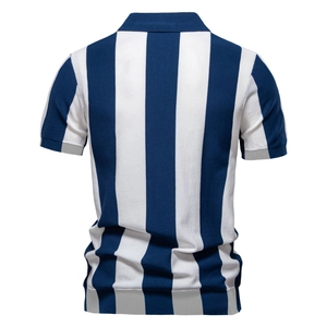Back view of men's short-sleeve knit Polo shirt featuring blue and white vertical stripes