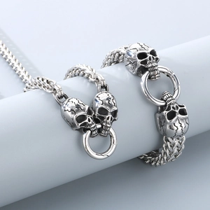 Hip hop punk style silver stainless steel skull necklace with dragon bone braided chain link