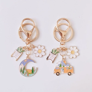 Pastel floral enamel keychains with cactus, daisy and moon pendant for women bags