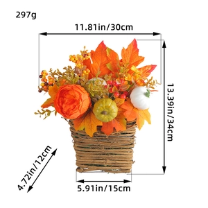 Harvest festival pumpkin flower basket with autumn maple leaves and size specifications