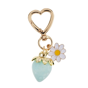 Sweet strawberry keychain with gold heart carabiner and daisy charm for bags