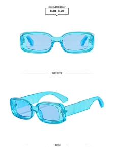 Front and side view of trendy rectangular sunglasses with blue frames and blue lenses