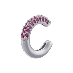 Macro detail of silver C-shaped ear cuff featuring pavé set pink zircon gemstones