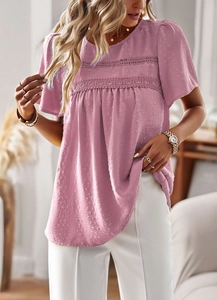 Detail of pink lavender short sleeve top with jacquard dot texture and lace stitching