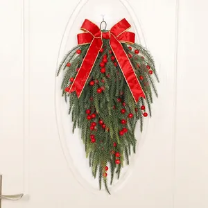 Christmas Teardrop Swag PE Pine Red Berries Large Velvet Bow Warm LED Lights Front Door Wall Hanging Decoration