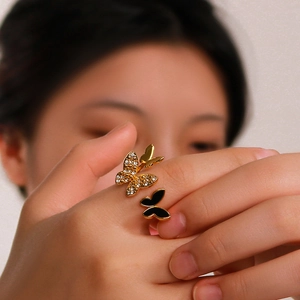 Triple Butterfly Open Ring 18K Gold Plated Stainless Steel Zircon Black Enamel Adjustable Fashion Jewelry For Women