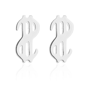Polished silver dollar sign stud earrings with reflective finish on white background