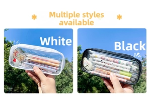 Close-up of high-capacity transparent PVC pencil cases with black and white zipper details