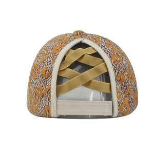 Detail of leopard print ponytail baseball cap with elastic criss-cross bands and velcro strap