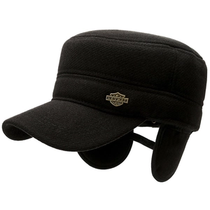 Men's winter flat top army cap with ear protection and classic metal shield logo