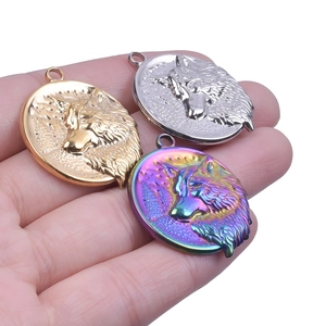 Detailed close-up of wolf head pendants in gold, silver, and iridescent steel finish