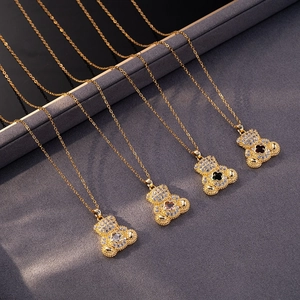 Elegant titanium steel teddy bear necklaces with sparkling zircon and four-leaf clover charms