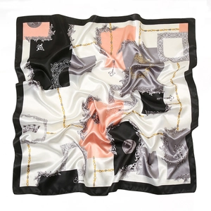 Women Elegant Satin Square Scarf Baroque Printed Chain Crown Pattern Silk Like Fashion Head Scarf Neck Wrap For Lady