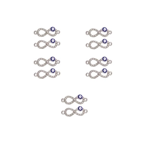 Set of 10 silver infinity charms with blue evil eye pendants and sparkling crystals