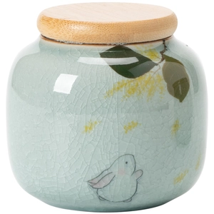 Mini ceramic tea canister with light green ice-cracked glaze and hand-painted rabbit motif
