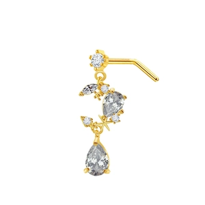Detail showing gold nose stud with L-bar and moon, star, pear-shaped zircon pendants
