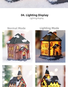 LED lighted miniature Christmas snow house ornaments showing on and off lighting modes