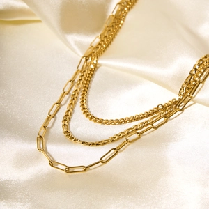Three-layer 18k gold plated stainless steel necklace featuring paperclip and curb chains
