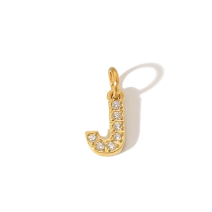 Macro shot of 18k gold plated PVD stainless steel J letter pendant with zircon inlay