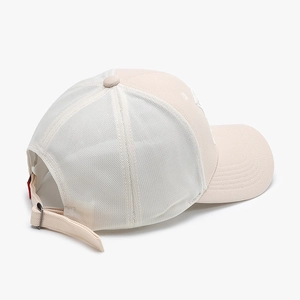 Beige breathable mesh baseball cap with adjustable metal buckle strap in side-rear view