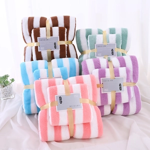 Soft striped coral fleece towel and bath towel set in multiple colors for home bathroom