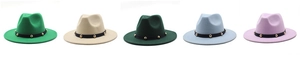 Detail of wool fedora hats in five colors with decorative black band and gold studs