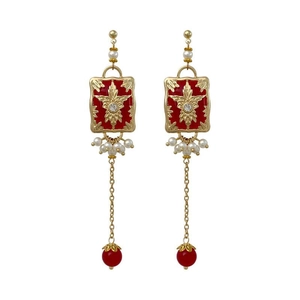Elegant floral square resin earrings with white pearls and gold tassel on white background