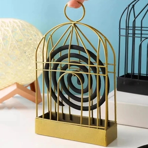 Nordic birdcage mosquito coil holder in matte gold iron with hanging ring and ash tray