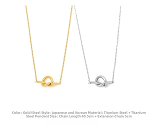 Detailed size view of titanium steel double heart knot necklaces in gold and steel finishes
