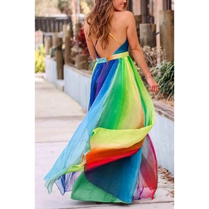 Sexy rainbow gradient mesh maxi dress with deep V-neck and open back design