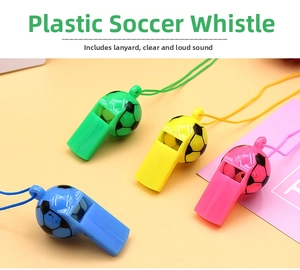 Set of four colorful plastic soccer whistles with matching lanyards in high-gloss finish