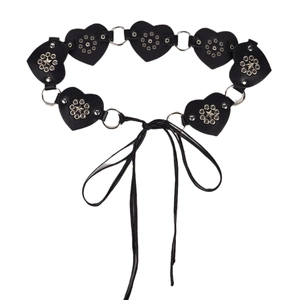 Retro punk black leather belt with heart-shaped panels, silver studs, and star details