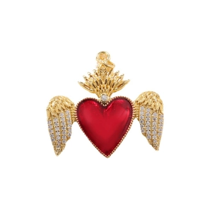 Golden crown heart pendant with red enamel and pavé crystal wings on white background