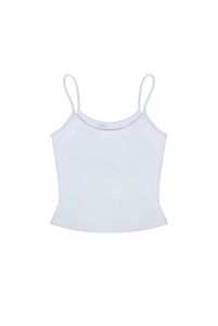 Flat lay of white slim fit U-neck tank top with delicate spaghetti straps and soft cotton texture