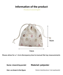 Detailed view of cream bubble fabric drawstring bag with colorful cartoon bear patterns