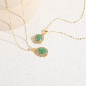 Elegant 14K gold plated necklace with emerald green teardrop and oval zircon pendants