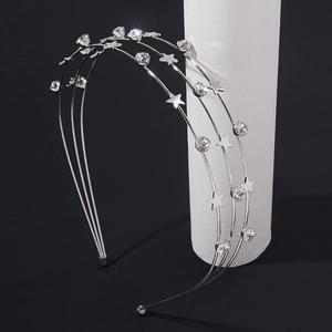 Elegant silver triple-layered headband with sparkling star rhinestones on a black background