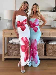 Women strapless floral print slim fit maxi dress with side split for summer vacations