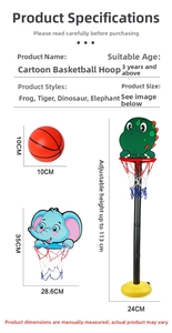 Detailed size chart of adjustable cartoon kids basketball hoop showing various animal themes