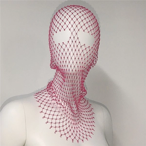 Detail of pink beaded fishnet headgear with a diamond-shaped hollow mesh structure